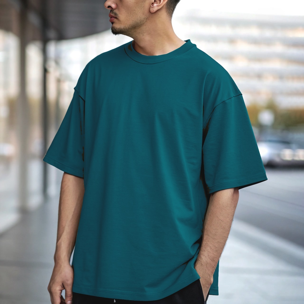 Solid Drop-Sholder Blue with costomized DTF Print | Lycra Drop knitting dyeing (P-1972)