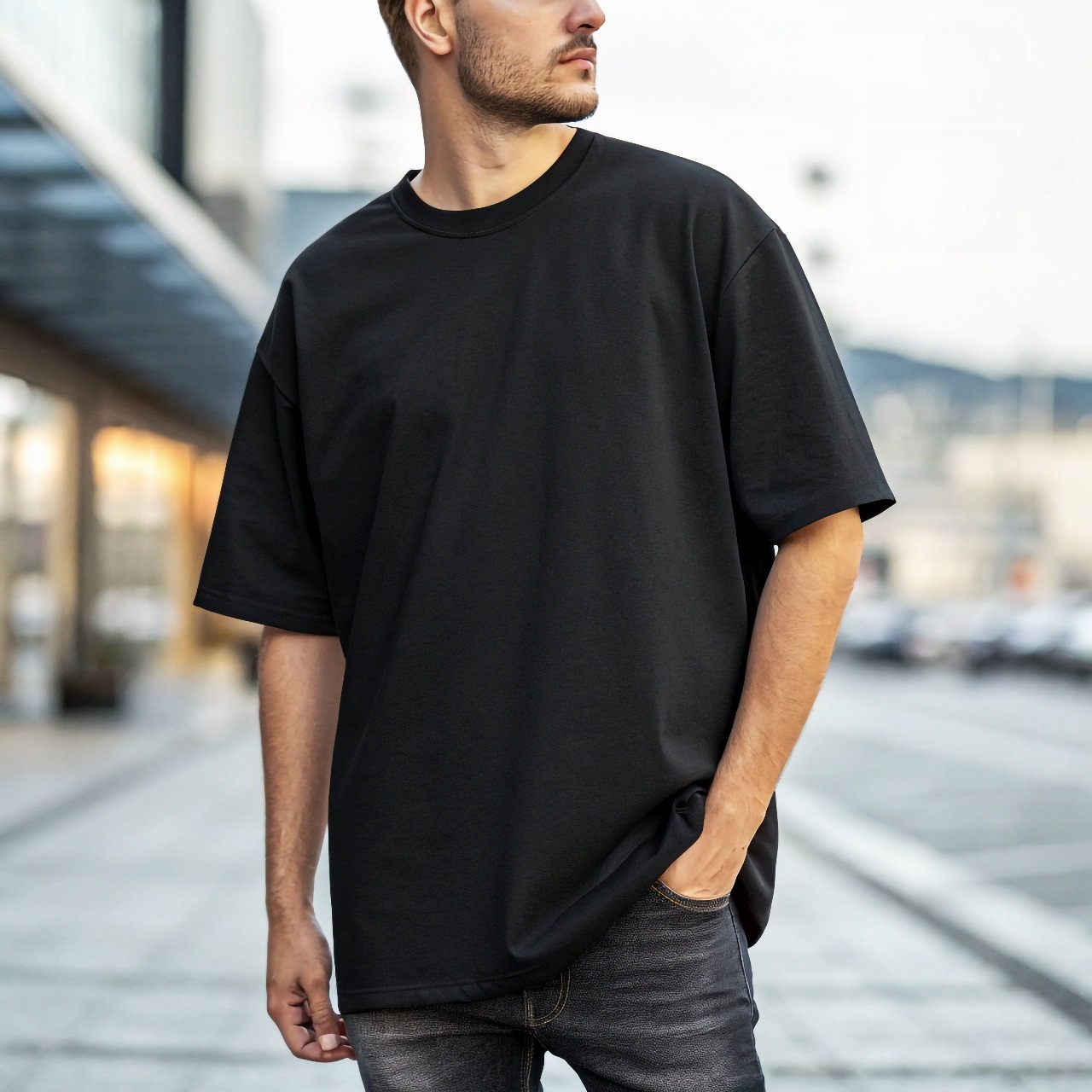 Solid Drop-Sholder Black with costomized DTF Print | Cotton Drop Knitting Dyeing (P-1977)